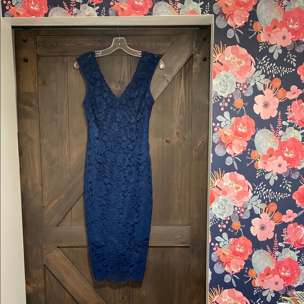 Le Chateau Blue Sheath Dress V-Neck Sleeveless